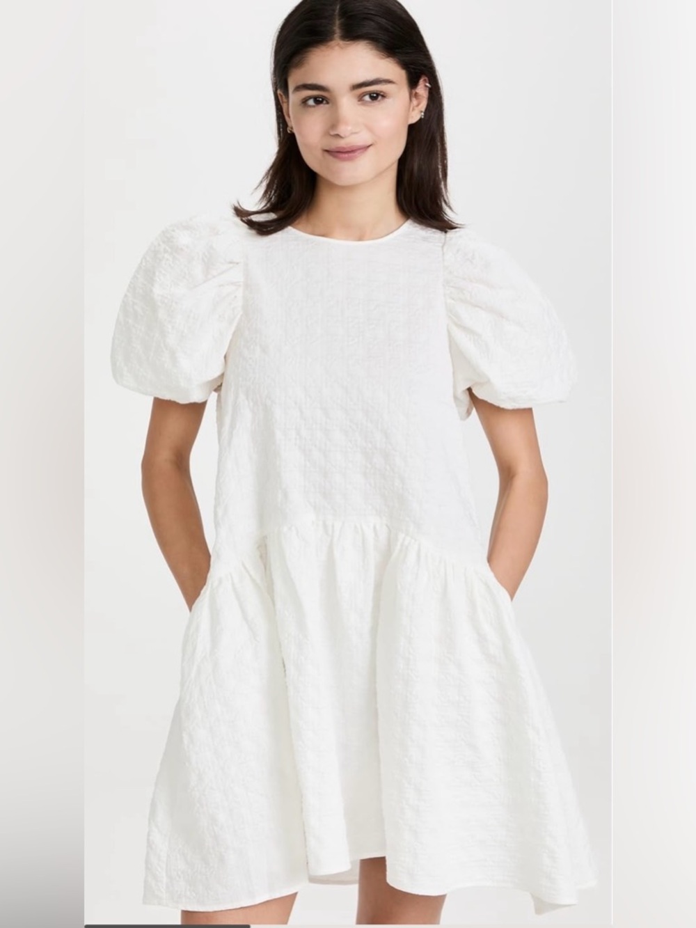 English Factory White Jacquard Back Bow Tie Puff Sleeve Dress